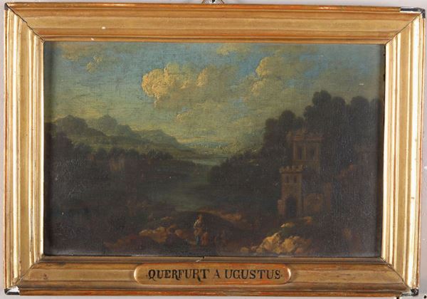 Augustus Querfurt (1696-1761), attribuito a Paesaggio fluviale con castello e figure