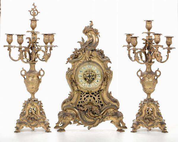 Trittico da camino in metallo dorato, XIX-XX secolo