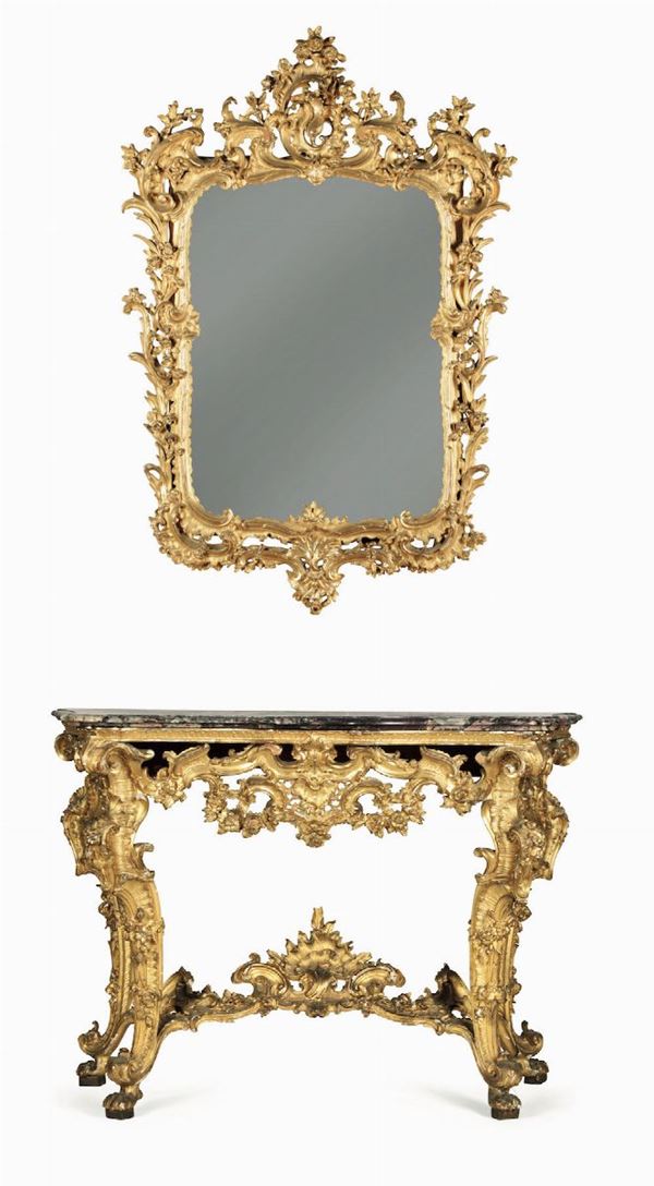Console in stile Luigi XV con specchiera in legno intagliato e dorato, XIX secolo