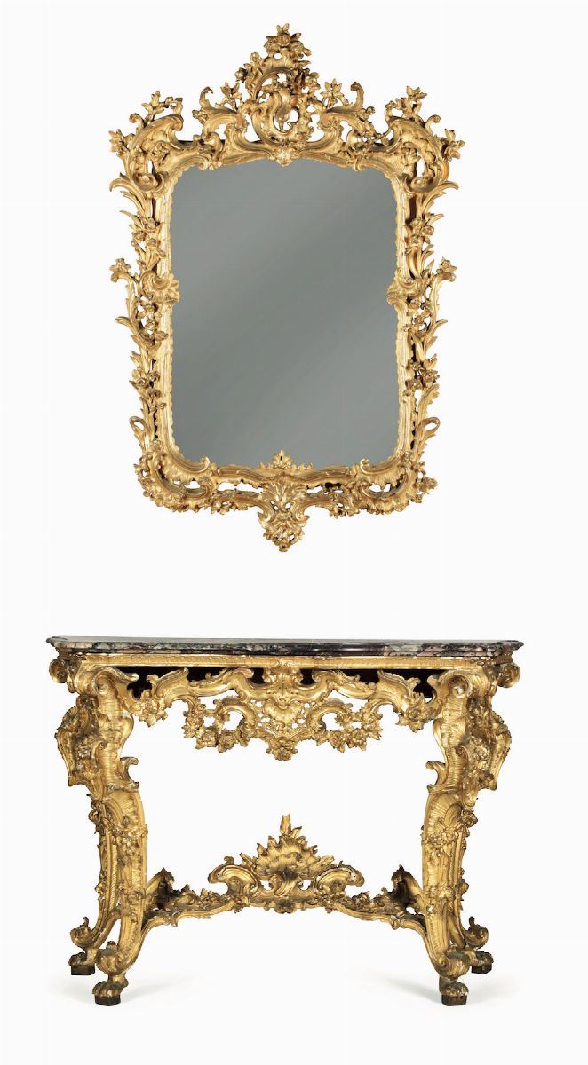Console in stile Luigi XV con specchiera in legno intagliato e dorato, XIX secolo  - Asta Fine Art - Cambi Casa d'Aste