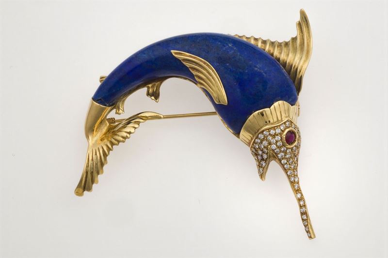 Lapis lazuli, diamond and ruby brooch  - Auction Fine Jewels - Cambi Casa d'Aste