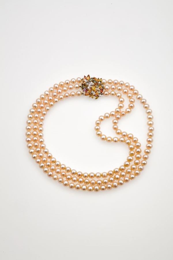 Cultured pearl, diamond and gem-set necklace