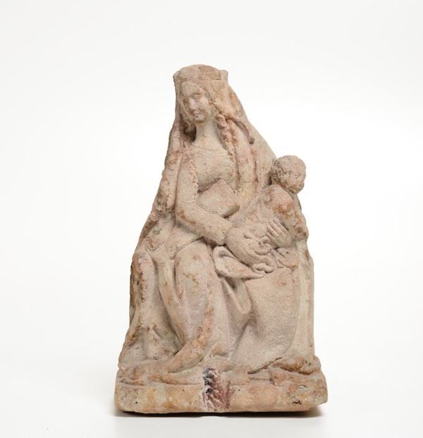 Madonna con Bambino in pietra calcarea. Scultore d’oltralpe del XVI secolo