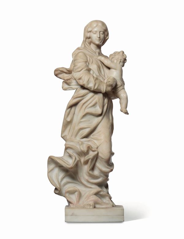 Madonna con Bambino in marmo bianco. Firmata A.Frilli, Firenze XIX secolo