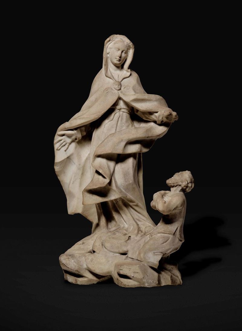 Gruppo in marmo raffigurante la Madonna ed il Beato Antonio Botta. Scultore del barocco ligure attivo nel XVII-XVIII secolo  - Asta Scultura e Oggetti d'Arte - Cambi Casa d'Aste