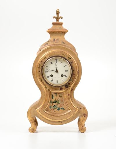 Pendola da Tavolo in Legno Intagliato e Dorato, Torino, Poma e Forneri, XIX-XX Secolo