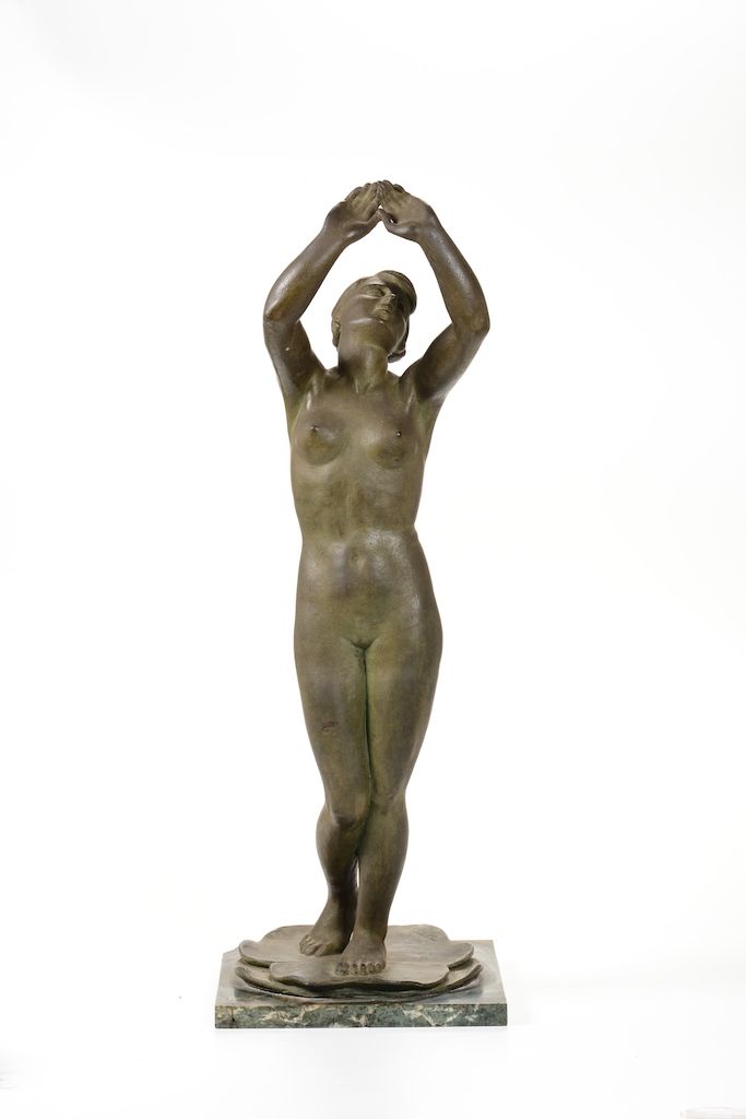 Figura Femminile su Fiore di Loto in Bronzo, XX Secolo