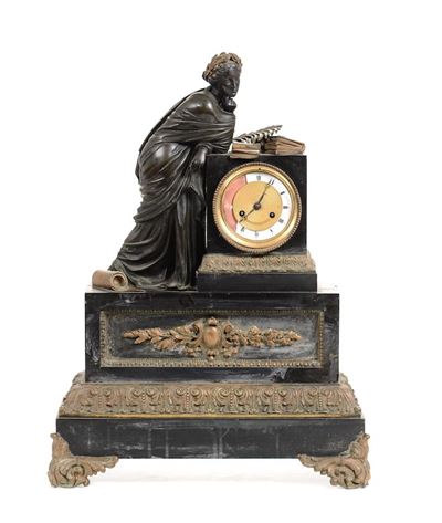 Pendola da Tavolo in Marmo Nero e Metallo, XIX Secolo