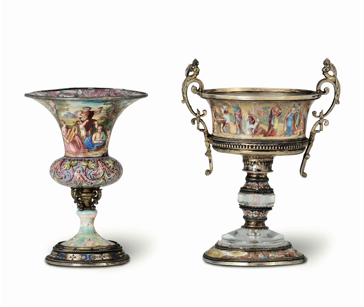 Vaso e Coppa in Argento Fuso, Cesellato, Dorato, Cristallo di Rocca e Smalti Colorati. Apparentem...
