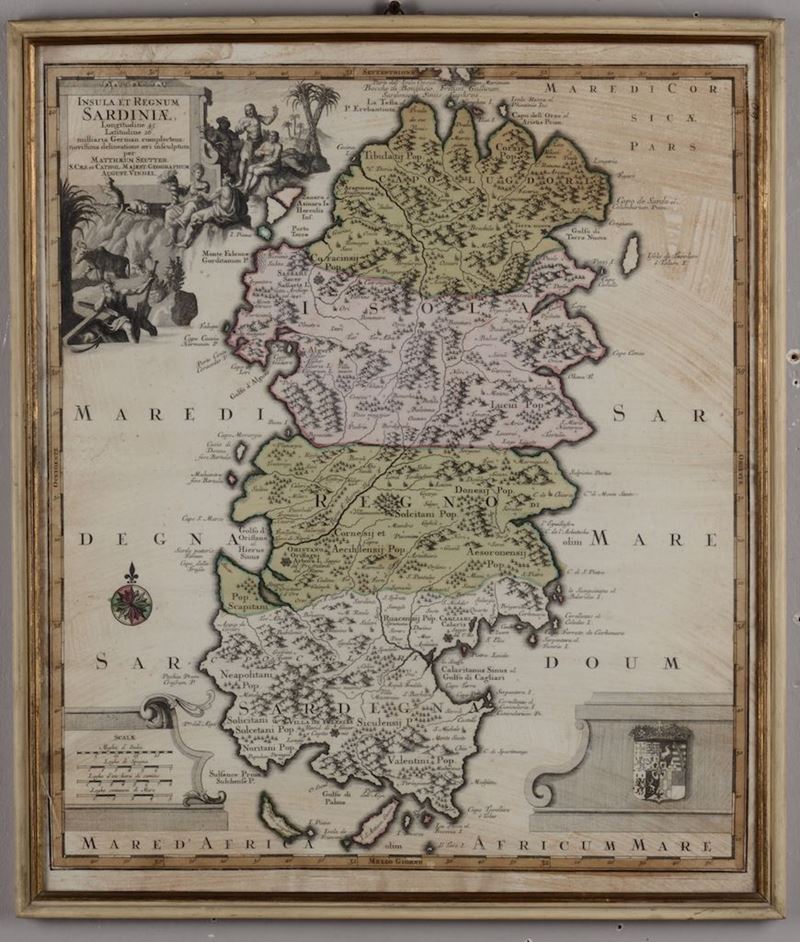 Matthaeum Seutter Insula et regnum Sardiniae, inizio XVIII secolo  - Asta Vedute, Carte e Libri Rari - Cambi Casa d'Aste