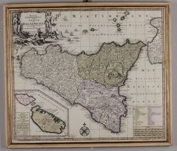 Matthaeum Seutter Mappa Geographica Insulae et regni Siciliae, Inizio secolo XVIII,