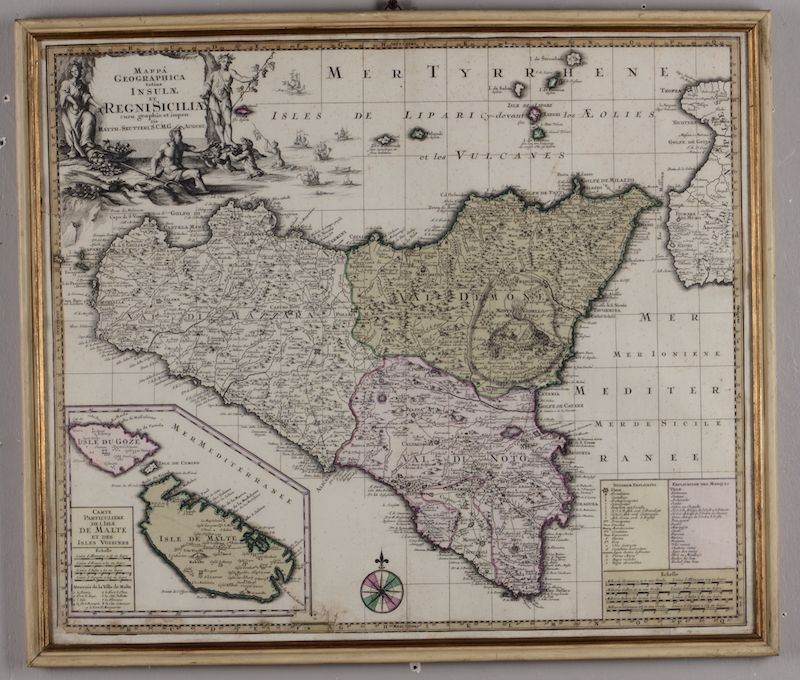 Matthaeum Seutter Mappa Geographica Insulae et regni Siciliae, Inizio secolo XVIII,  - Asta Vedute, Carte e Libri Rari - Cambi Casa d'Aste