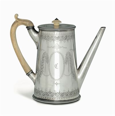 Caffettiera in Argento Fuso, Sbalzato e Cesellato, Manico e Presa in Avorio. Città di Sheffield 1...