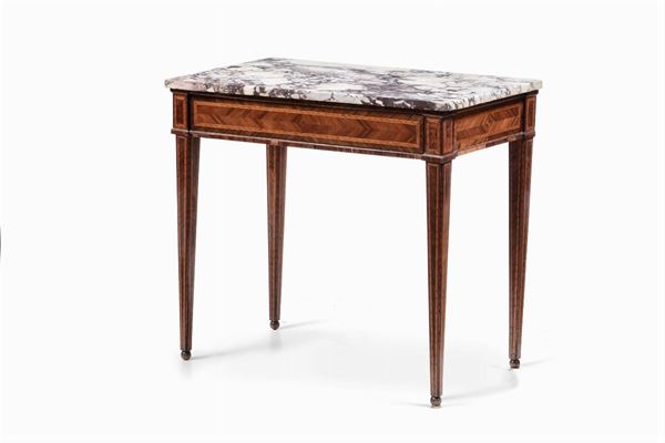 Tavolino in legno lastronato ed intarsiato, ebanisteria italiana del XVIII-XIX secolo