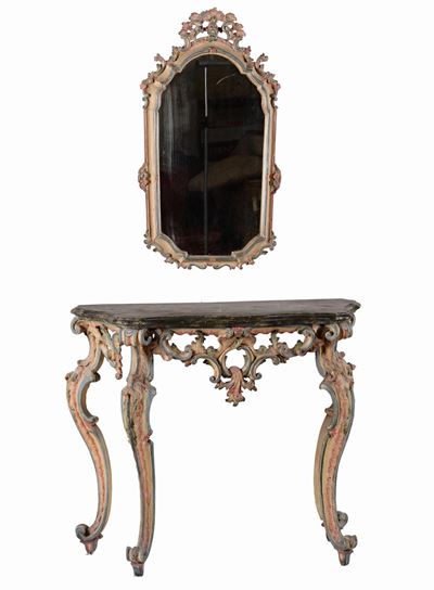 Console con Specchiera in Legno Intagliato, Laccato e Dipinto, XVIII-XIX Secolo