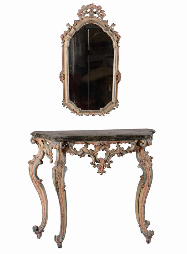 Console con specchiera in legno intagliato, laccato e dipinto, XVIII-XIX secolo
