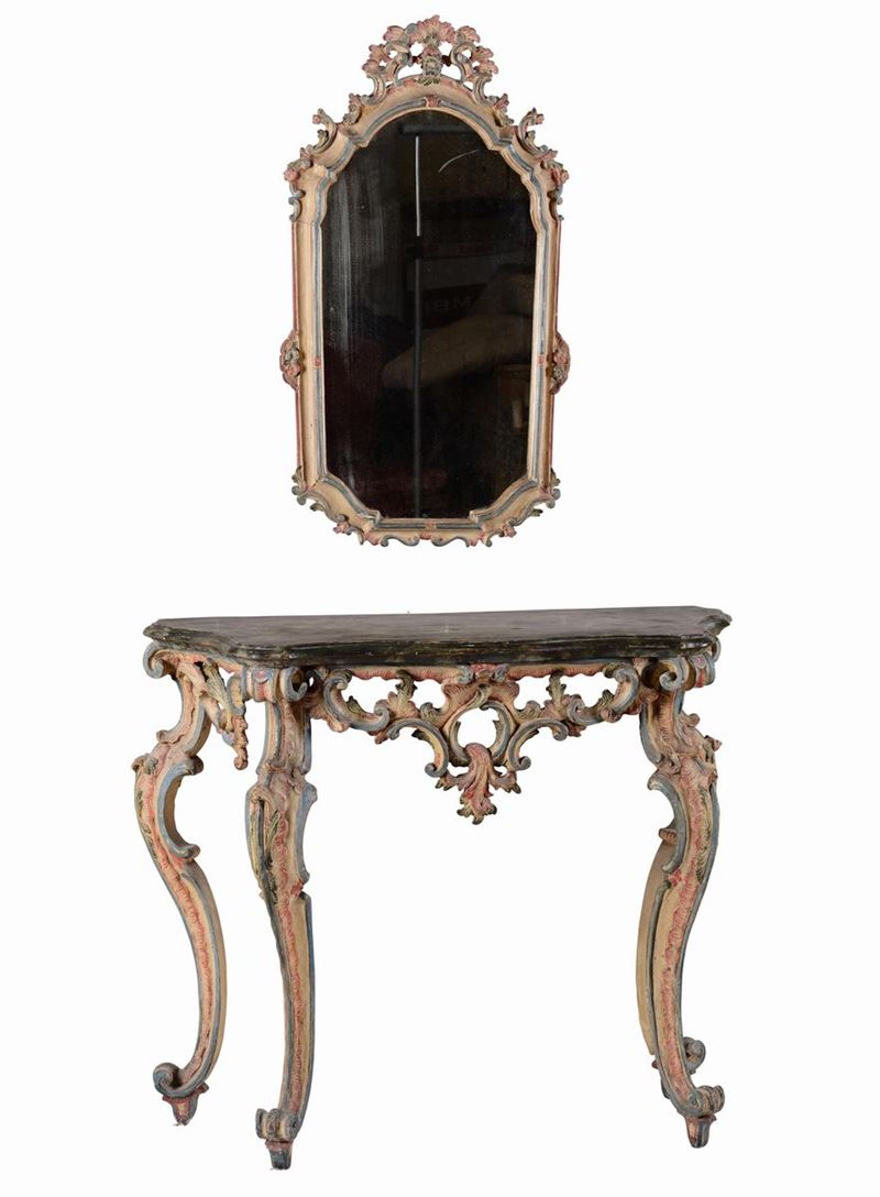 Console con specchiera in legno intagliato, laccato e dipinto, XVIII-XIX secolo  - Asta Arredi - Cambi Casa d'Aste