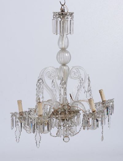 Lampadario in Vetro di Murano e Cristalli a Sei Luci, XX Secolo