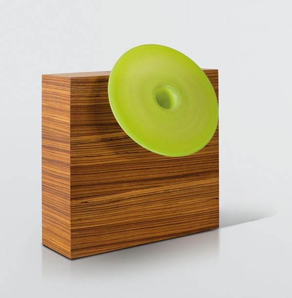 Ettore Sottsass, a vase with a wood and glass structure. Original label. Numbered 11/12. Italy, 1955