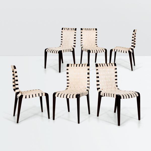 Augusto Romano, six chairs with a wooden structure and fabric seats. Italy, 1950 ca.