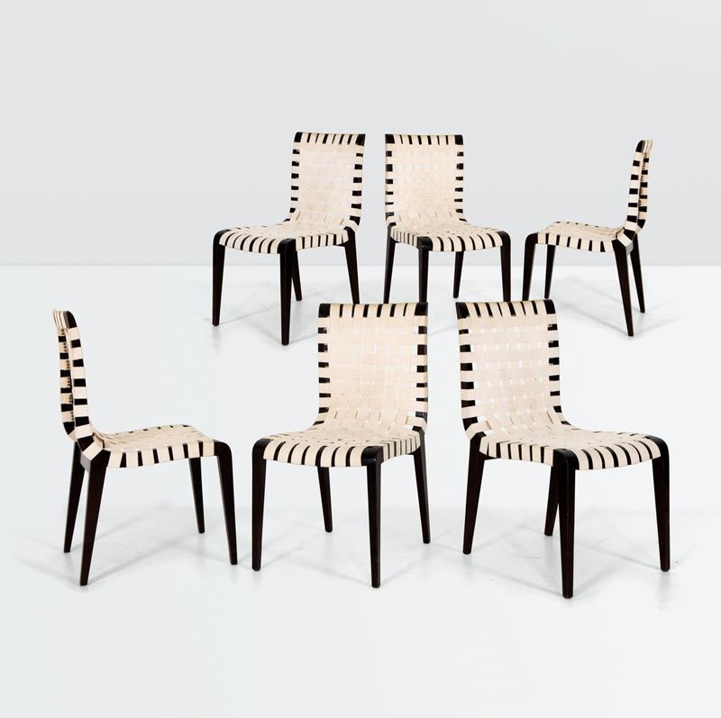 Augusto Romano, six chairs with a wooden structure and fabric seats. Italy, 1950 ca.  - Auction Design 200 - Cambi Casa d'Aste