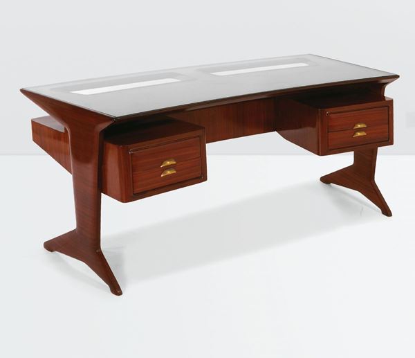 Dassi, a desk with a wooden structure and a glass top. Brass details. Dassi Prod., Italy, 1950 ca.