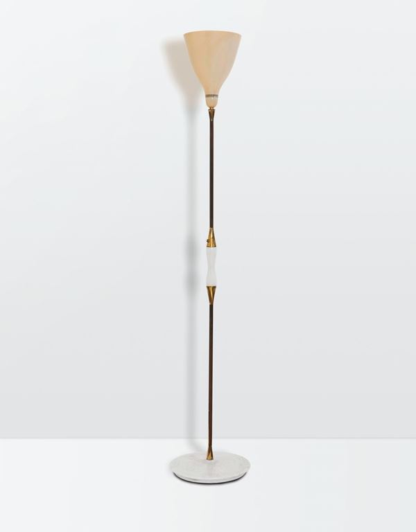 Franco Buzzi, a floor lamp with a brass structure and a marble inlay. Lacquered metal shade and marble base. Oluce Prod., Italy, 1950 ca.