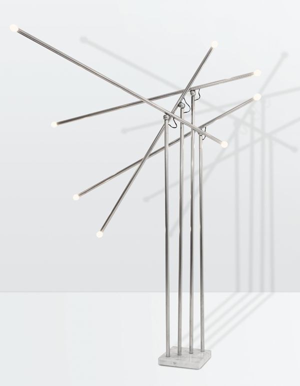 Reggiani, a floor lamp with a marble base and adjustable stems in chromed metal. Reggiani Prod., Italy, 1970 ca.