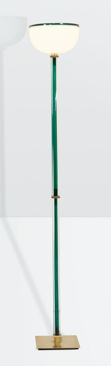 Venini, a Tolboi floor lamp in hand-blown glass. Brass structure and milk-cased glass shade. Venini Prod., Italy, 1990 ca.