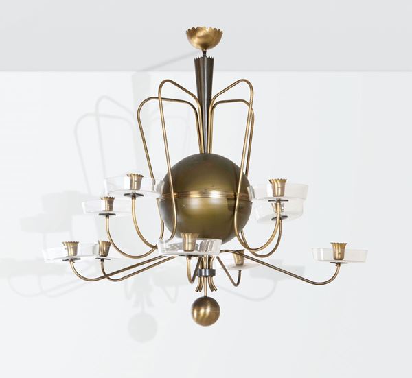 Gio Ponti (attributed to), a rare chandelier with a brass structure and glass shades. Italy, 1950 ca.