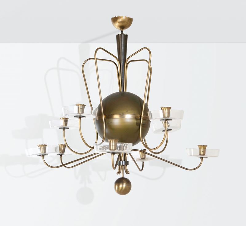 Gio Ponti (attributed to), a rare chandelier with a brass structure and glass shades. Italy, 1950 ca.  - Auction Design 200 - Cambi Casa d'Aste