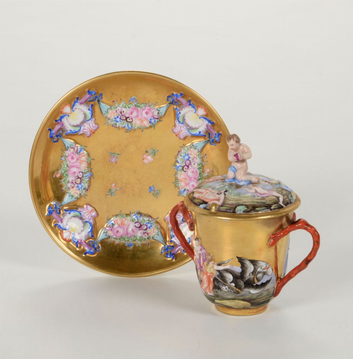 Tazza con Coperchio e Piattino Doccia, Manifattura Ginori, XIX Secolo