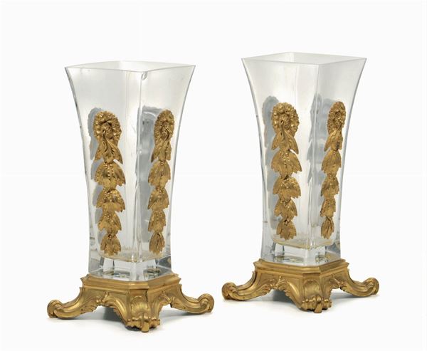 Coppia vasi in cristallo e bronzo dorato, XIX secolo