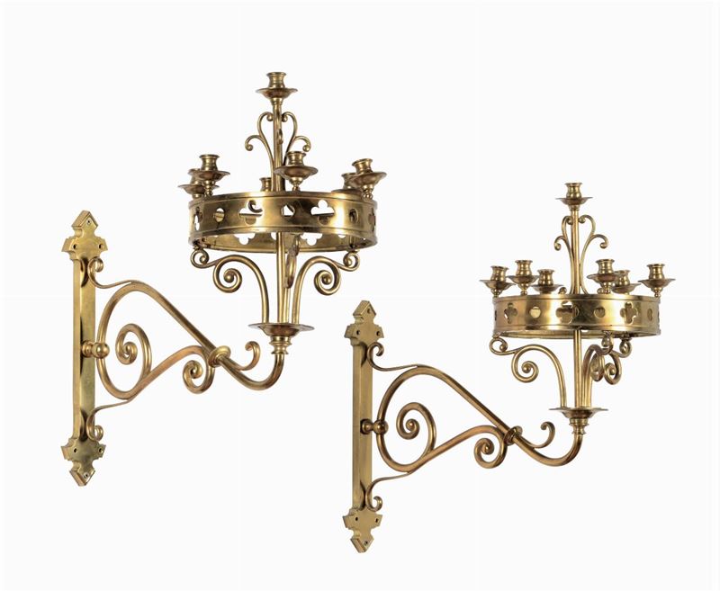 Coppia lampade da muro in metallo dorato, XIX secolo  - Asta Antiquariato - I - Cambi Casa d'Aste