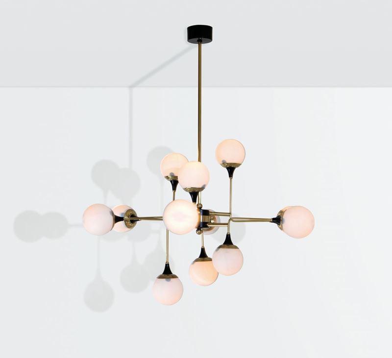 Stilnovo, a chandelier with a brass structure and opaline glass shades. Stilnovo Prod., Italy, 1960 ca.  - Auction Design 200 - Cambi Casa d'Aste