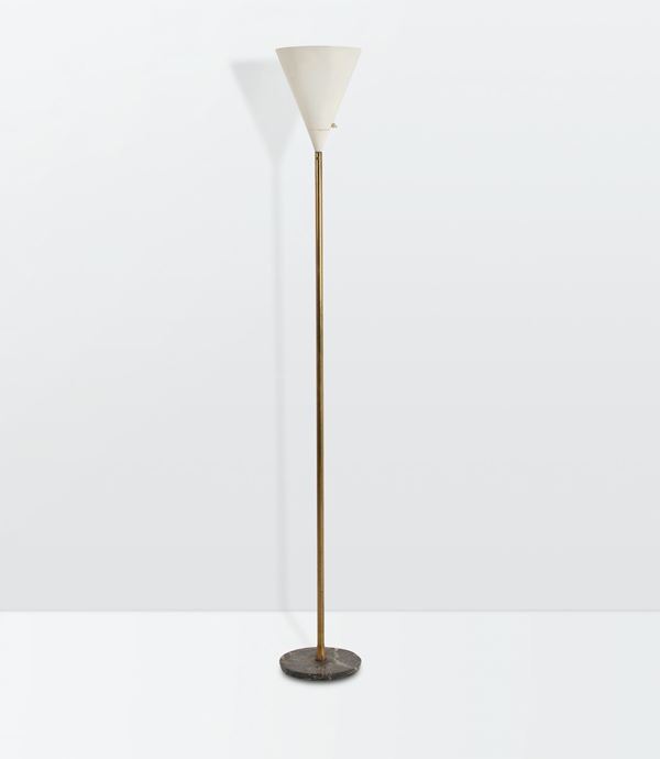Giuseppe Ostuni, a floor lamp with a brass structure, a lacquered aluminum shade and a marble base. Italy, 1950 ca.