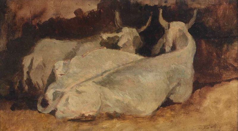 Giovanni Fattori (1825 - 1908) Mucche sdraiate  - Asta Dipinti del XIX e XX secolo - Cambi Casa d'Aste