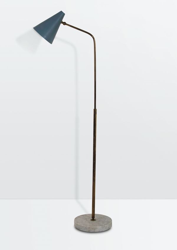 Giuseppe Ostuni, a floor lamp with a brass and lacquered structure, a marble base and a lacquered aluminum shade. Oluce Prod., Italy, 1950 ca.