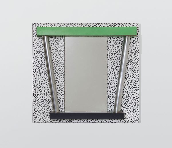 Ettore Sottsass, a mirror with a laminated wood frame. Italy, 1970 ca.