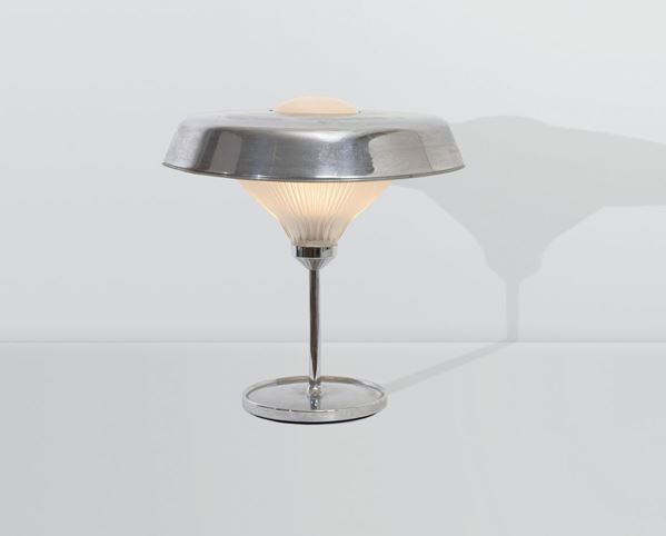 BBPR, a Ro table lamp with a nickeled brass structure and a printed glass shade. Artemide Prod., Italy, 1970