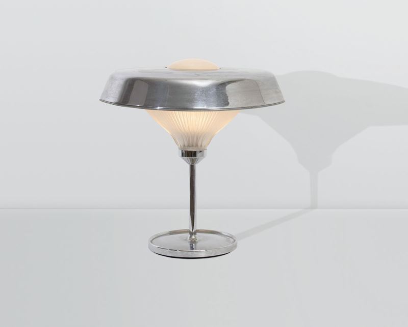 BBPR, a Ro table lamp with a nickeled brass structure and a printed glass shade. Artemide Prod., Italy, 1970  - Auction Design 200 - Cambi Casa d'Aste