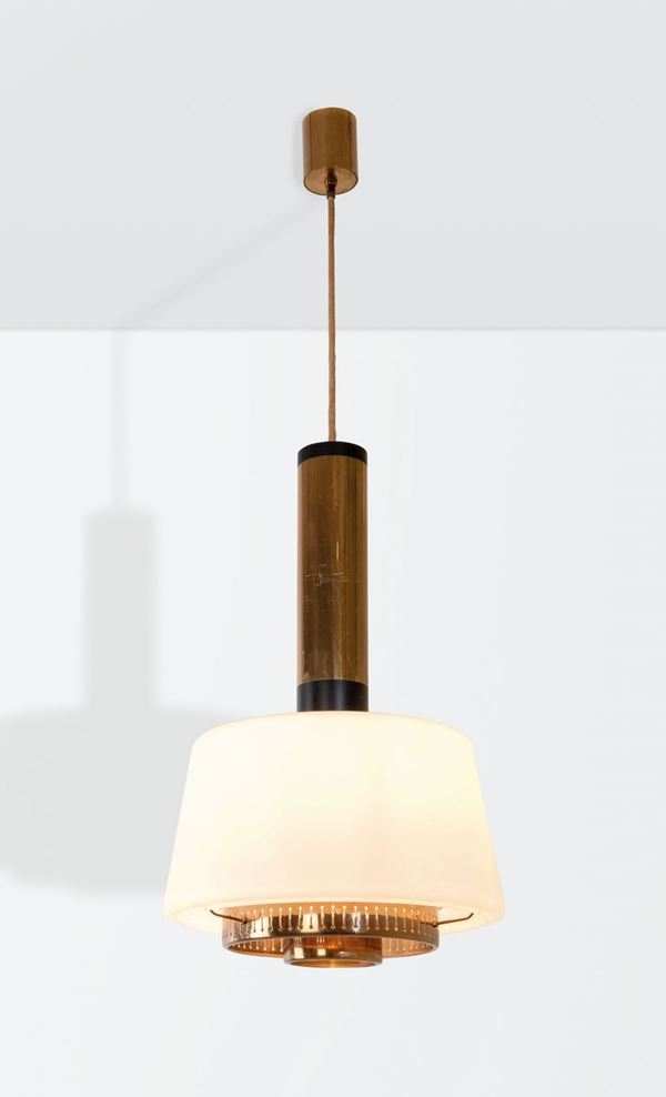Stilnovo, a mod. 1192 pendant lamp with a brass and lacquered brass structure. Satinised glass shades. Original decal. Stilnovo Prod., Italy, 1960 ca.