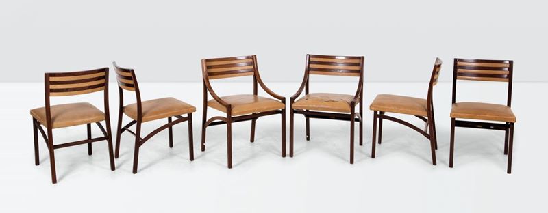 Ico Parisi, four mod. 110 chairs and two small armchairs with a wooden structure and leather upholstery. Cassina Prod., Italy, 1961  - Auction Design 200 - Cambi Casa d'Aste