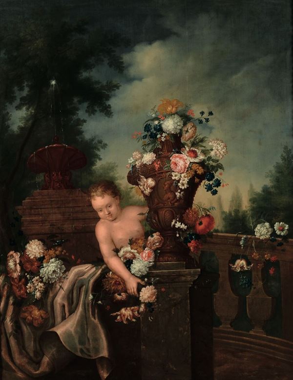 Scuola del XVIII secolo Natura morta con putto, drappo e vaso di fiori