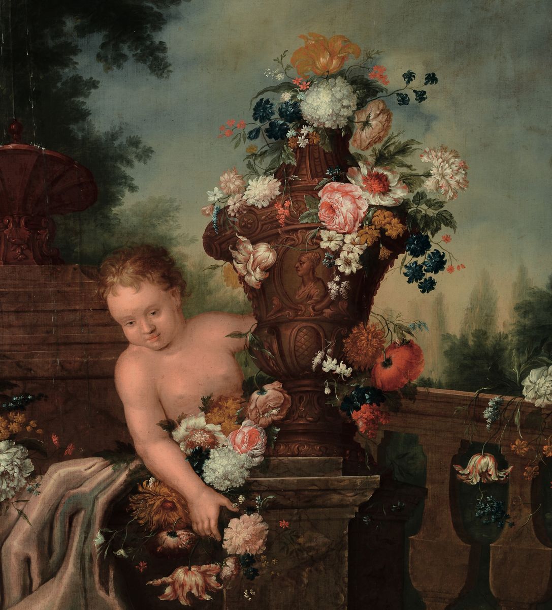 Scuola del XVIII Secolonatura Morta con Putto, Drappo e Vaso di Fiori