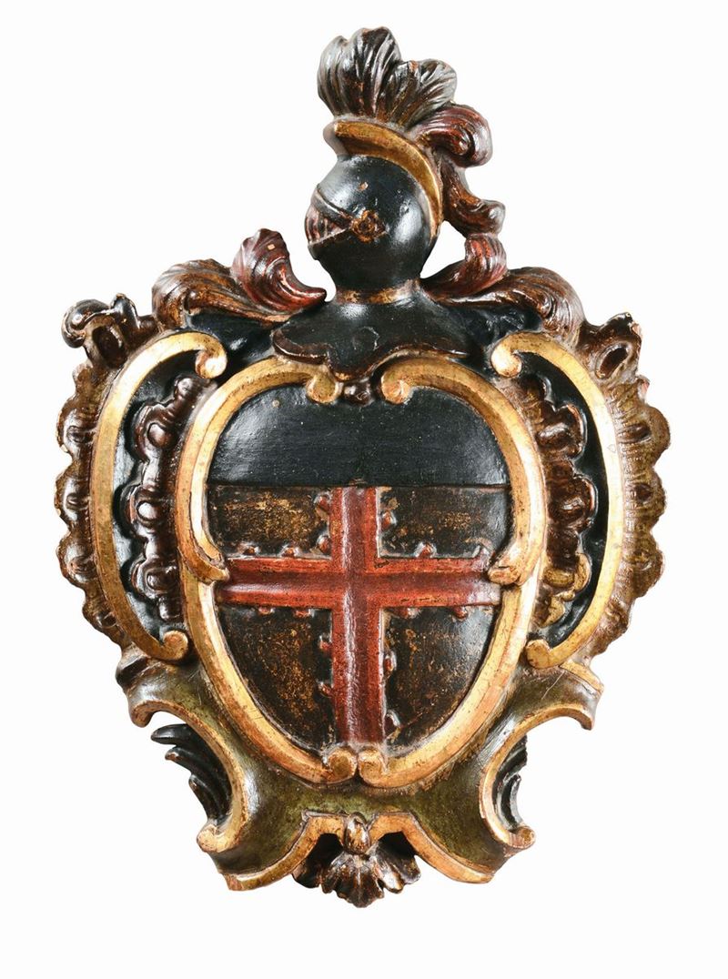 Stemma nobiliare in legno intagliato, dorato e dipinto, XVIII secolo  - Asta Antiquariato - I - Cambi Casa d'Aste