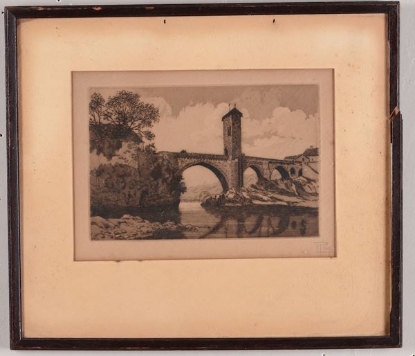 Incisione raffigurante paesaggio fluviale con ponte, XIX-XX secolo