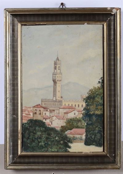 Lotto di Due Quadretti uno su Tela ed uno su Cartoncino Raffiguranti Castello e Architetture