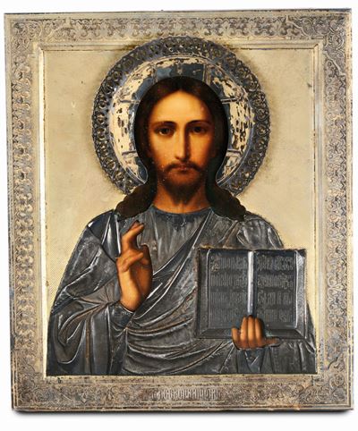 Icona Raffigurante Cristo Pantocratore con Riza in Argento Sbalzato, Traforato, Cesellato e Dorat...