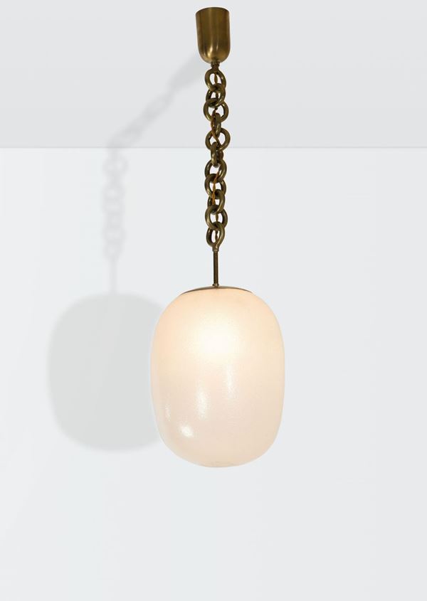 Seguso, a pendant lamp with a brass structure and an opaline glass shade. Seguso Prod., Italy, 1940 ca.